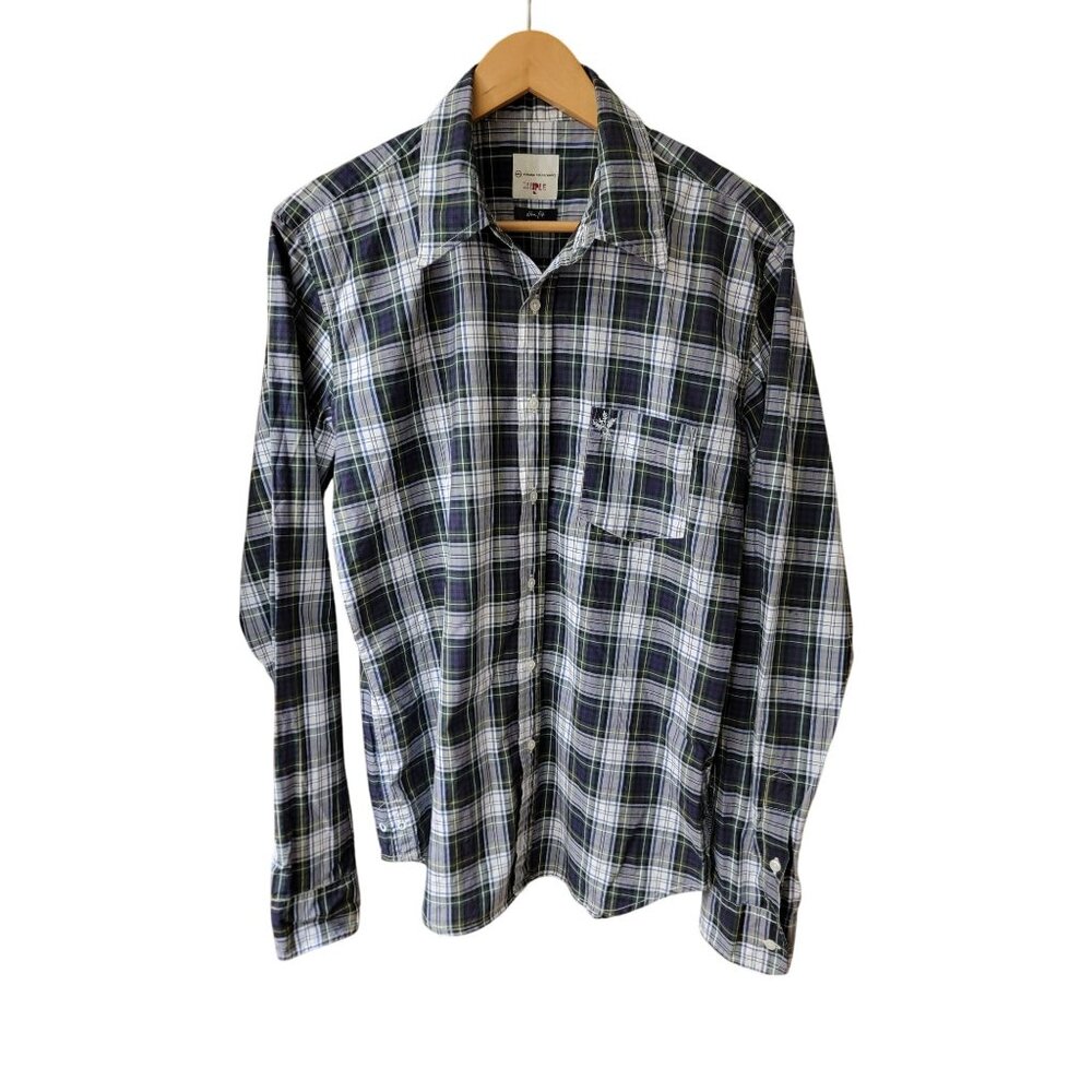Adriano Goldschmied Mens Slim Fit Plaid Button-Up Shirt M 100% Cotton Blue/Green